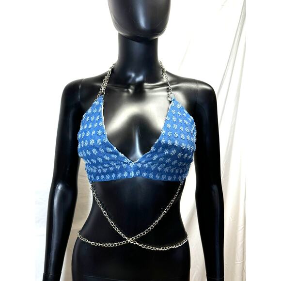 Tops - Denim Y2K Style Bra Crop Top with Belly Chain Sz M